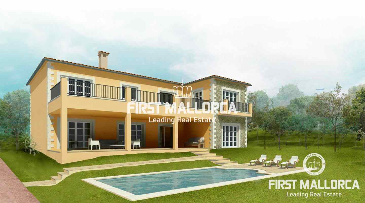 Chalet con piscina de estilo mediterráneo con vistas al mar y jardín